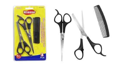 Set de barbería con tres tijeras negras y presentación en blíster, ref. KS-1206