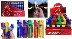Encendedores electrónicos Eco PL03A en colores surtidos, con caja exhibidora y vista de uso.