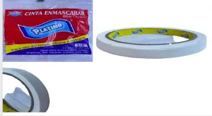 Cinta para enmascarar Platino de 1/2 pulg., rollo blanco junto a su empaque y vista del borde.