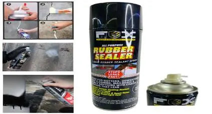 Aerosol Fix RS-500-BLK-ES-M aplicado sobre una superficie con grietas, panel de uso y lata negra.