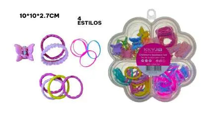 Set infantil de pinzas para cabello y cauchos elásticos en cuatro estilos, guardados en estuche transparente con forma de flor.
