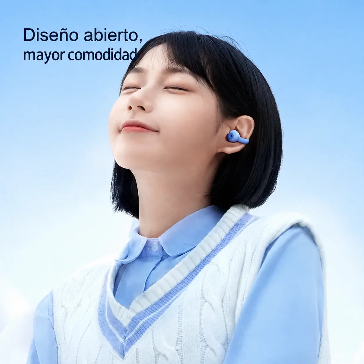 Persona usando audífonos REMAX W15 de diseño abierto, gráfico promocional