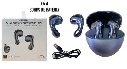 Audífonos inalámbricos REMAX W17 negros con estuche de carga, cable USB y caja; el empaque indica Bluetooth V5.4.