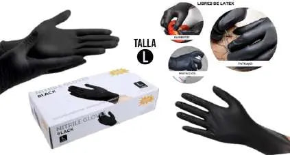 Guante negro de nitrilo talla L, sin látex, con vistas del guante y su empaque — SKU Z-GL-NE
