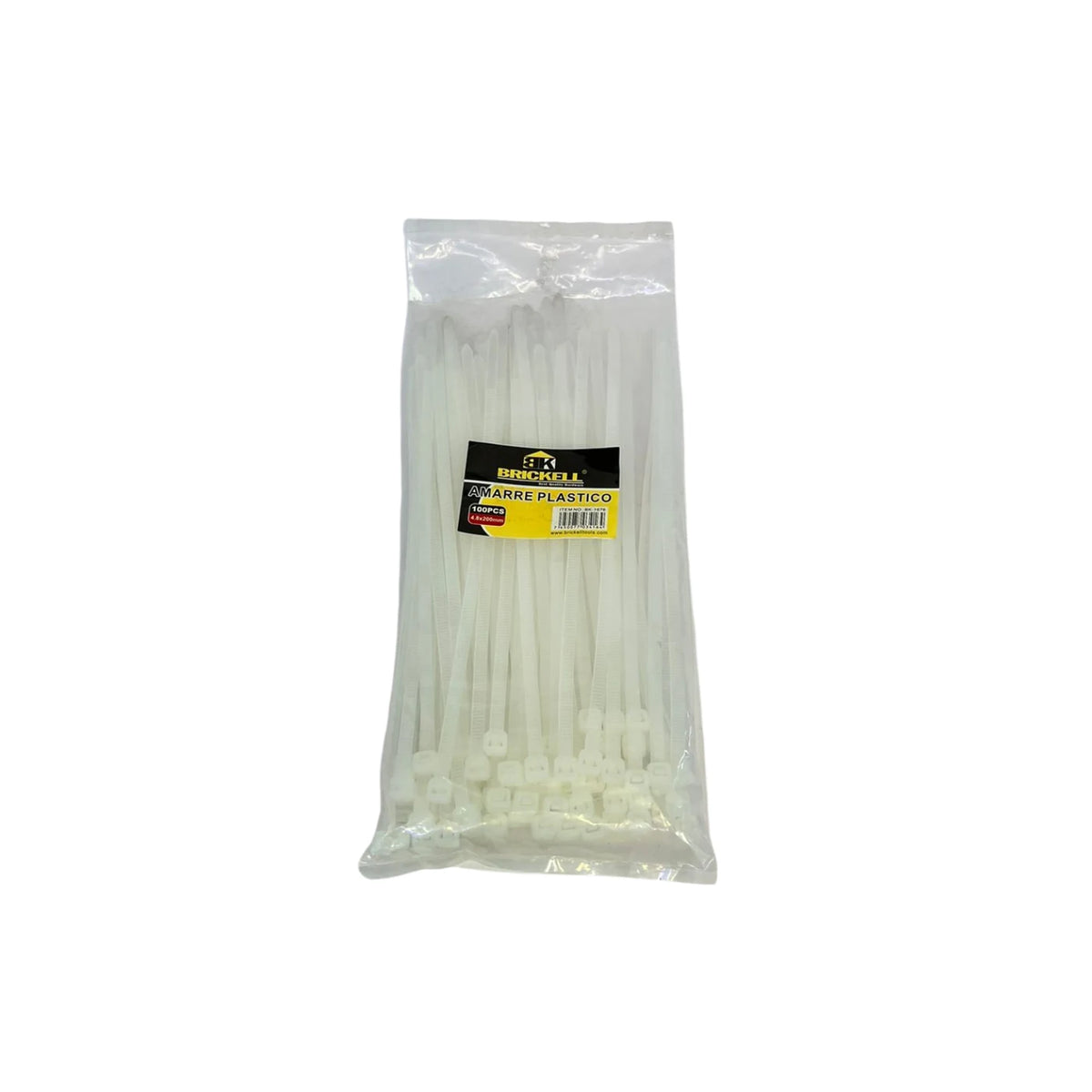 Amarras plásticas blancas Brickell de 4,8 × 200 mm; bolsa rotulada con 100 unidades y referencia BK-1676.