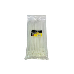 Amarras plásticas blancas Brickell de 4,8 × 200 mm; bolsa rotulada con 100 unidades y referencia BK-1676.