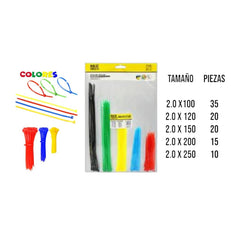 Amarras plásticas de colores rojo, azul y amarillo agrupadas