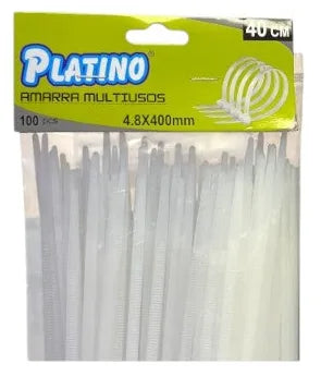 Empaque Platino de 100 amarras plásticas blancas HL23125, medida 4.8 x 400 mm.