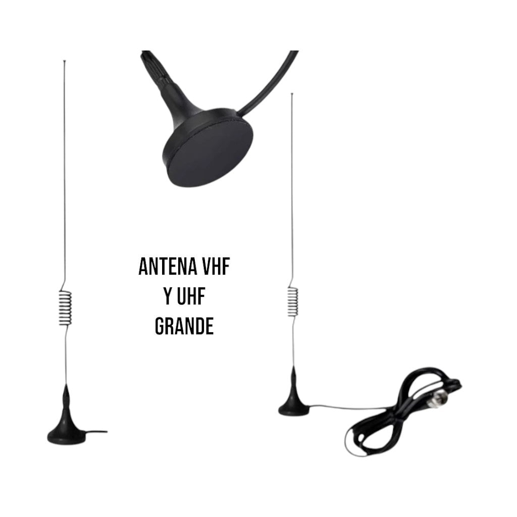 Antena larga para VHF y UHF con base magnética y cable coaxial visibles.