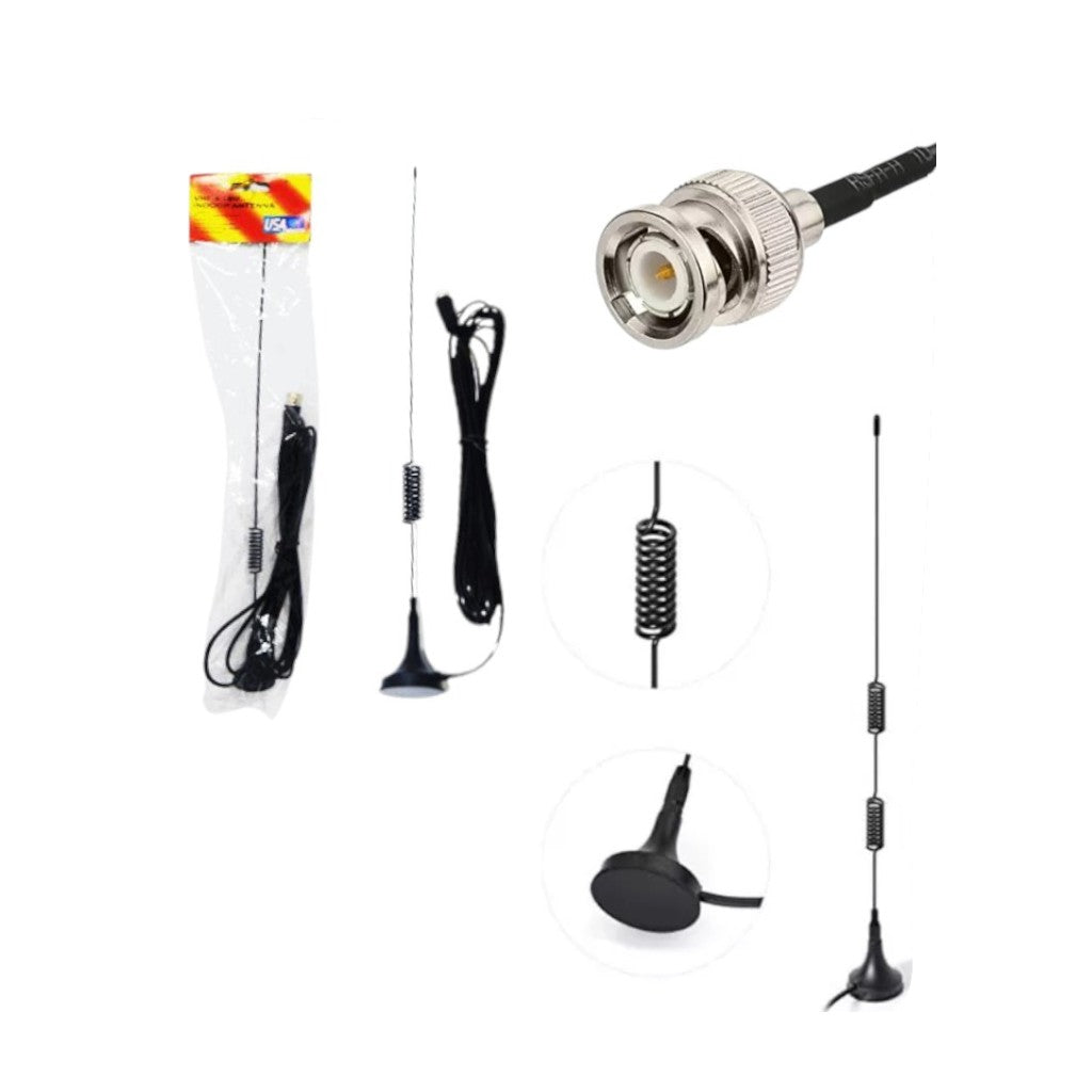 Collage de antenas VHF/UHF largas y conectores de radio; no asumir que todos los accesorios se incluyen.