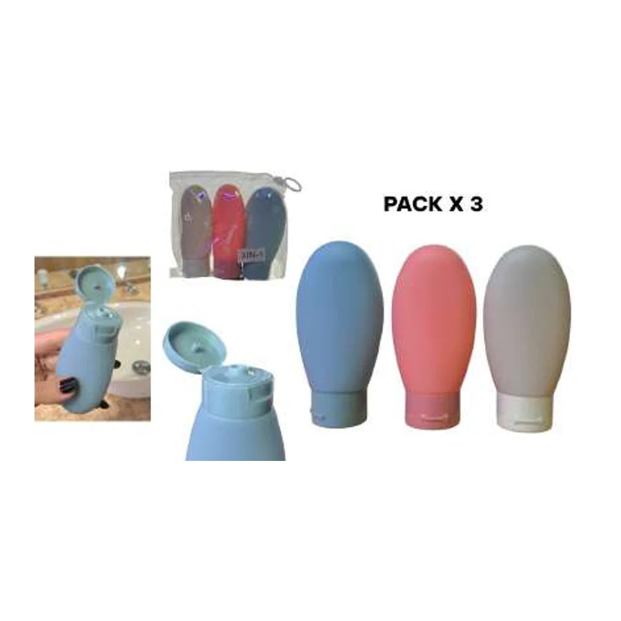 Gráfica de atomizadores plásticos pack x3 en azul, rosa y gris, con una botella abierta en detalle.