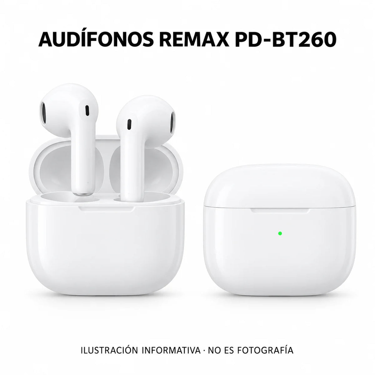 Ilustración informativa de audífonos inalámbricos blancos Remax PD-BT260 con estuche de carga; no es fotografía.