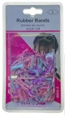 Empaque individual de bandas de caucho S504-3, con bandas en tonos rosados, lilas y azules.