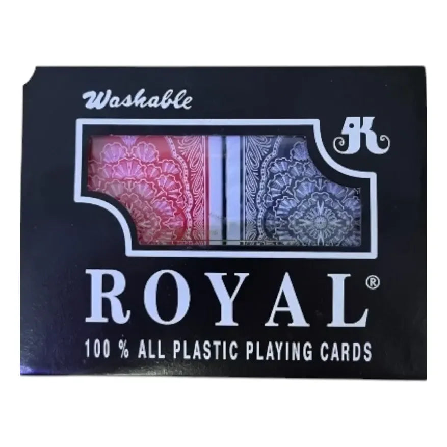 Caja Royal con dorsos de barajas rojos y azules; empaque de cartas de plástico.