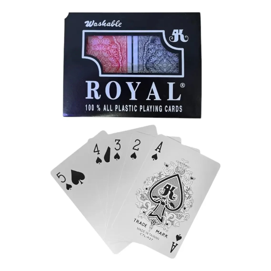 Estuche Royal junto a naipes de índice pequeño; se muestran el as y los dorsos rojo y azul.