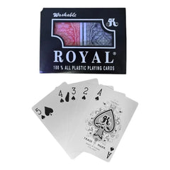 Estuche Royal junto a naipes de índice pequeño; se muestran el as y los dorsos rojo y azul.