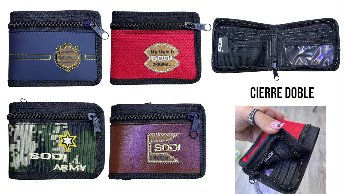 Collage de billeteras SODI con cierre doble: varios diseños exteriores y vista interior con ranuras para tarjetas