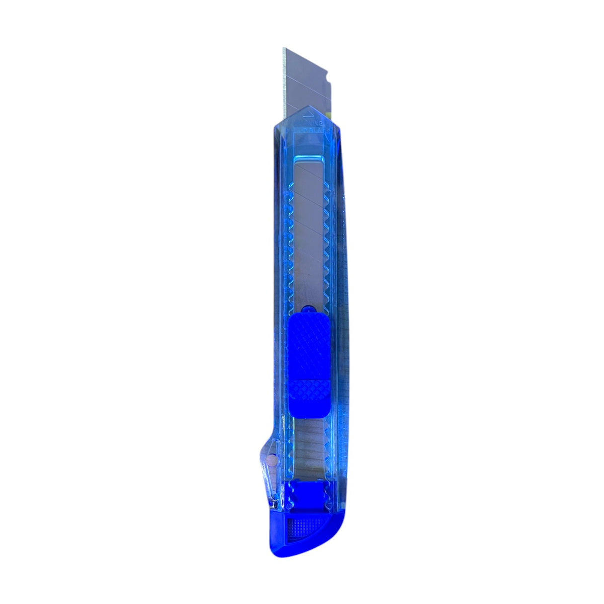 Vista frontal de un bisturí retráctil mediano AG1507 con cuerpo azul y hoja metálica.