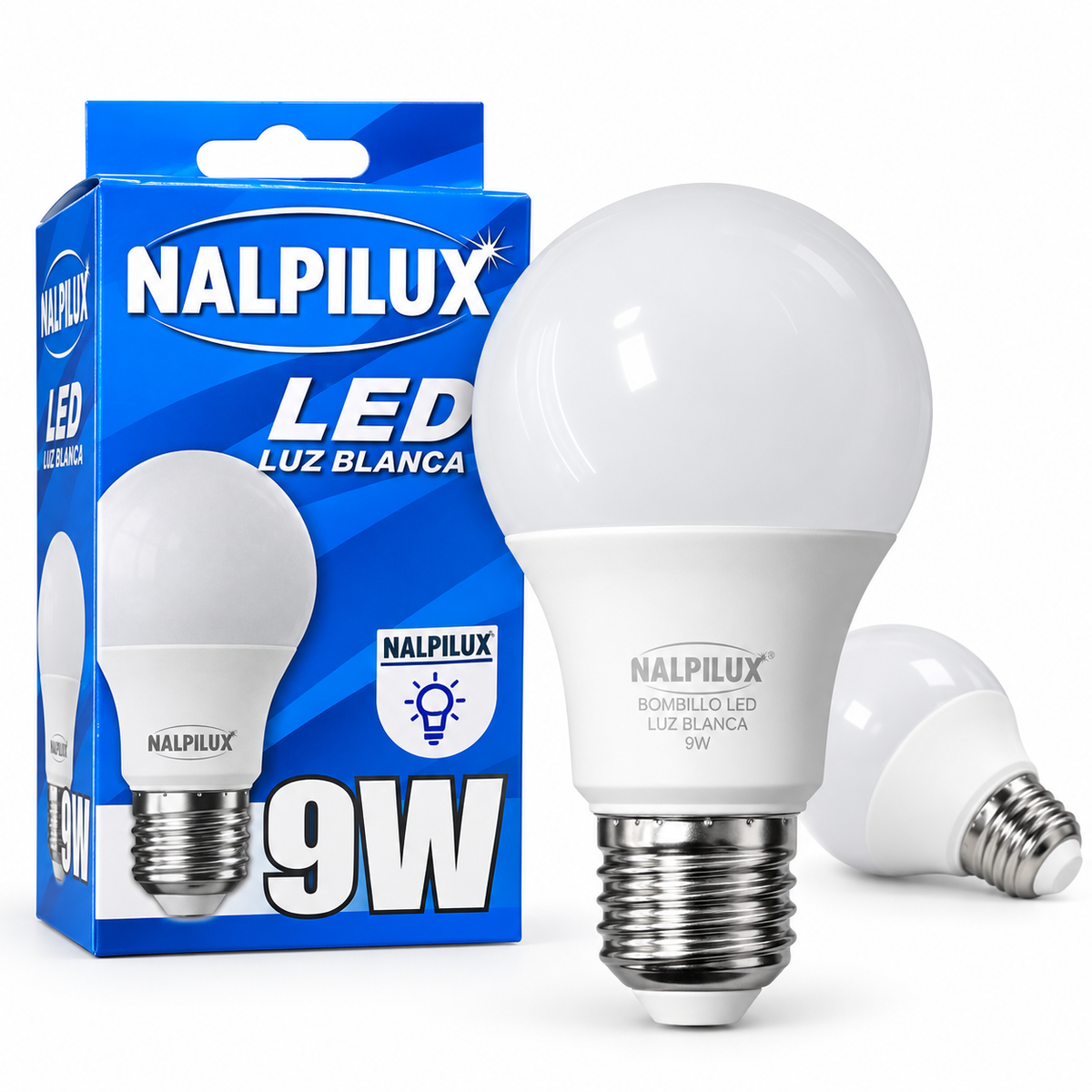 Detalle del bombillo LED NALPILUX de 9 W y su empaque.