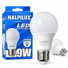 Detalle del bombillo LED NALPILUX de 9 W y su empaque.