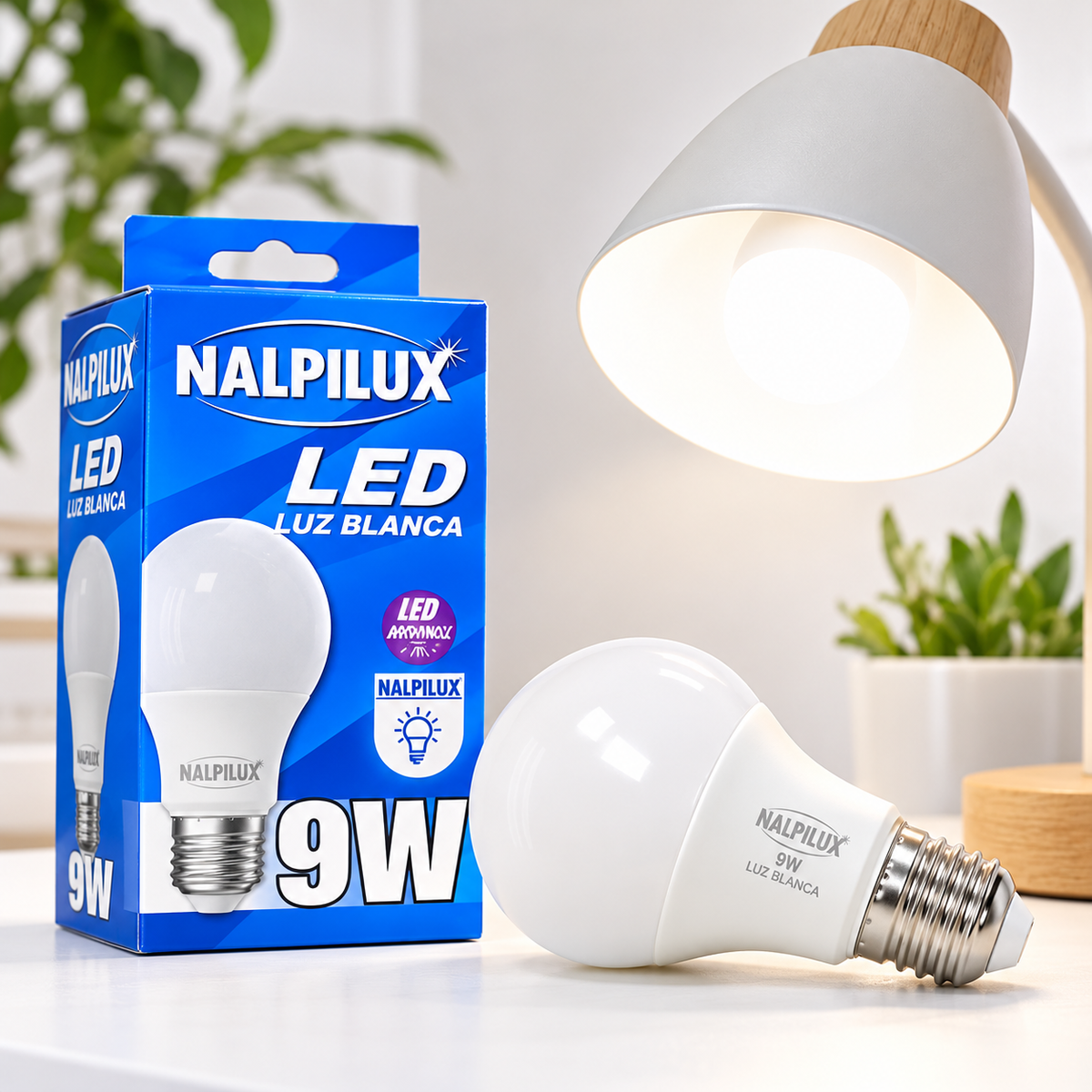 Bombillo LED NALPILUX de 9 W encendido en una luminaria doméstica.