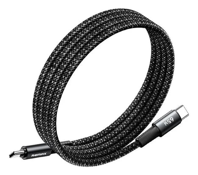 Cable Remax CB07 negro trenzado de 1,2 m con conectores USB-C en ambos extremos.
