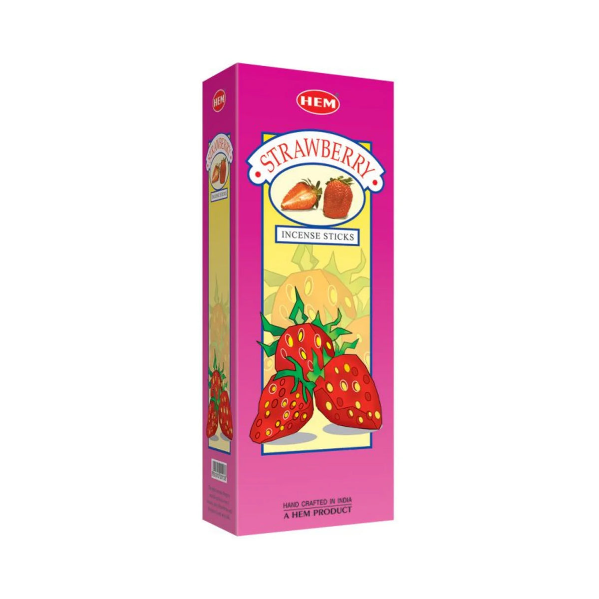 Caja HEM Strawberry Hexa con seis paquetes de 20 varitas cada uno, presentación oficial.