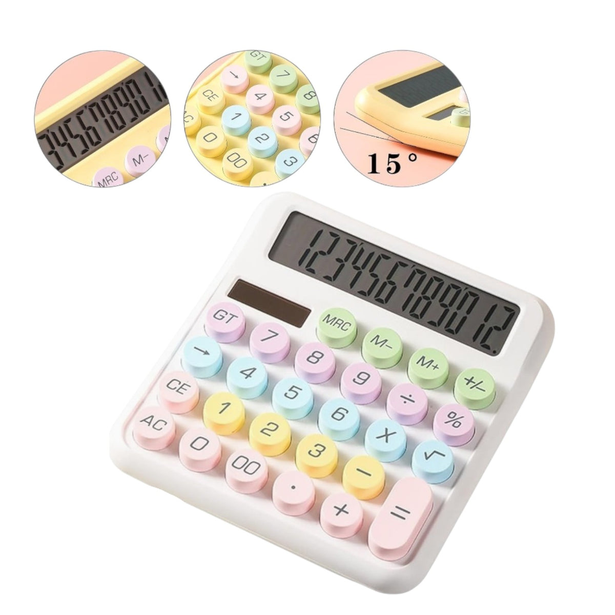 Detalle de calculadora blanca con teclas pastel, pantalla, celdas solares y ángulo indicado de 15 grados.