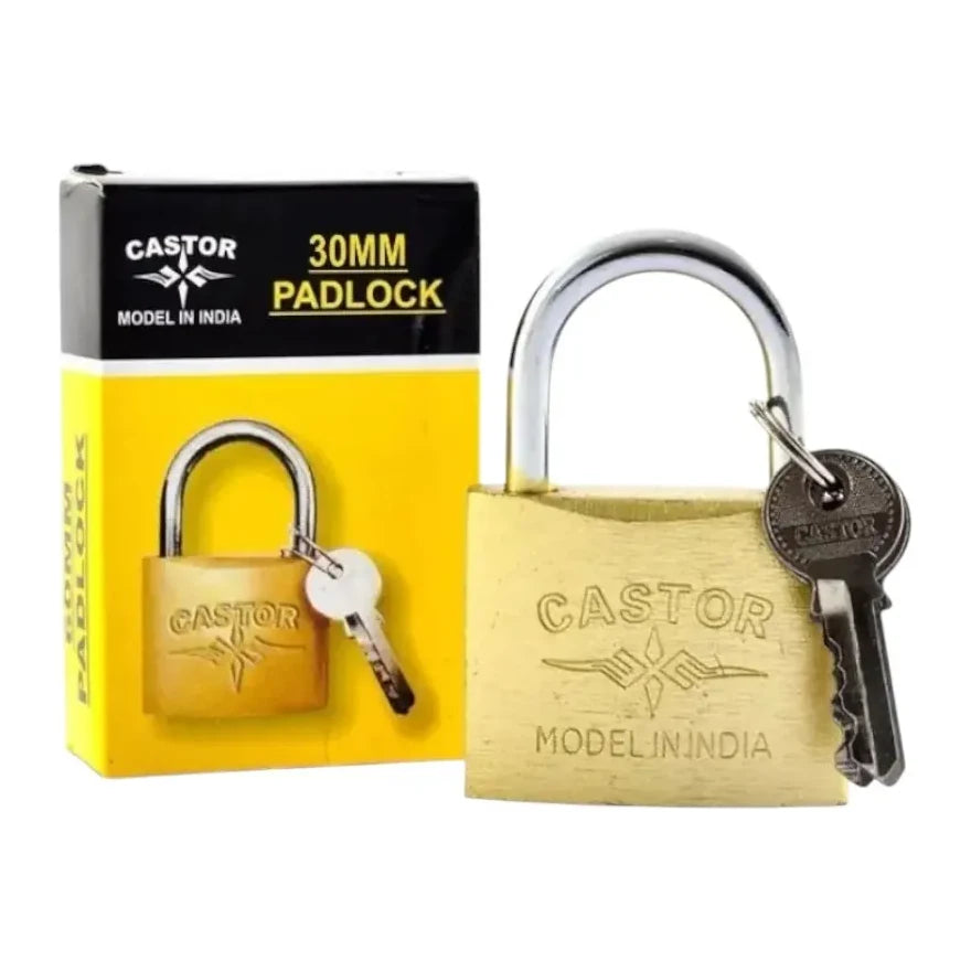 Candado Castor de 30 mm con sus llaves y empaque negro y amarillo marcado 30 mm.