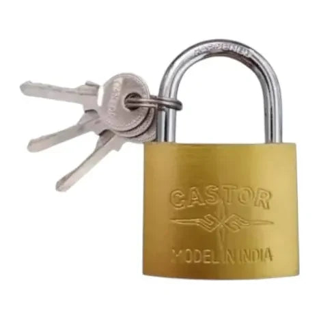 Candado Castor de latón de 30 mm con arco de acero y tres llaves, vista frontal.