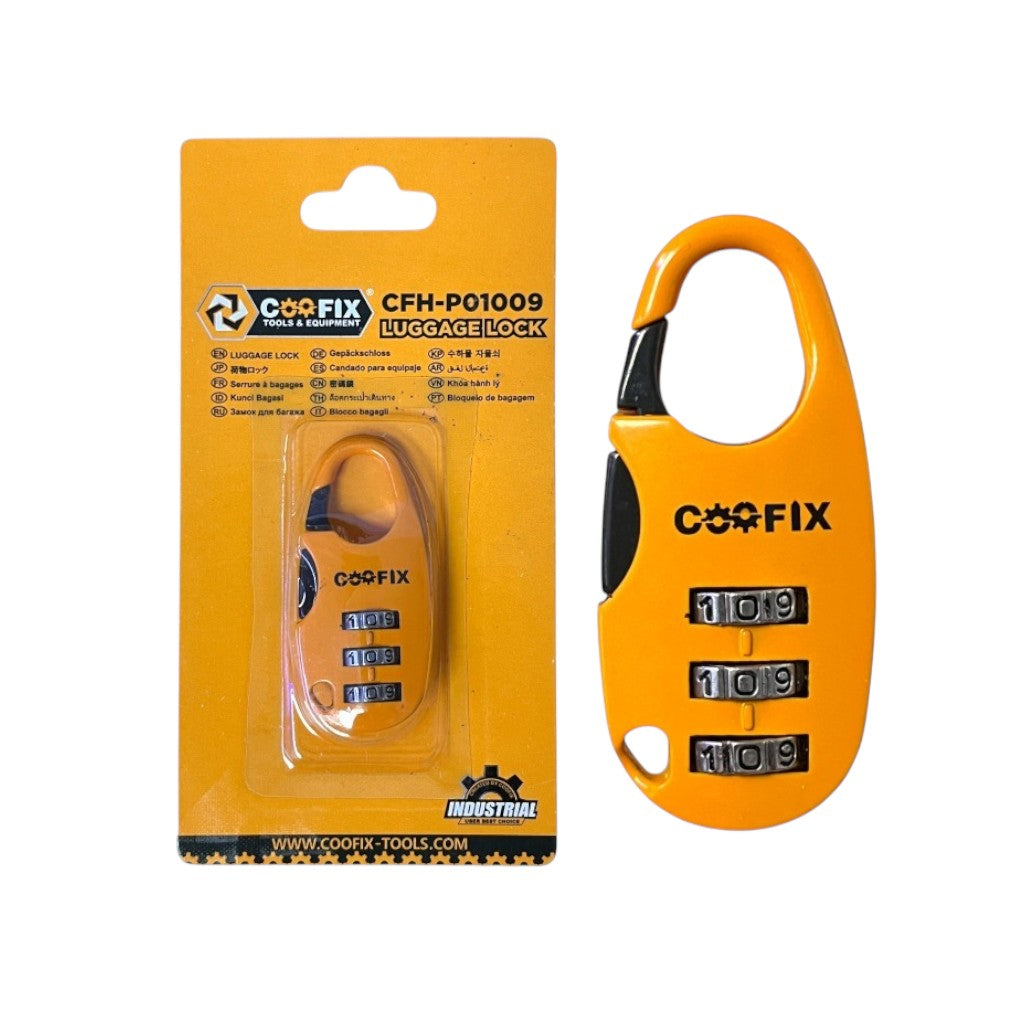 Candado Coofix de combinación en su cartón original con referencia CFH-P01009 visible.
