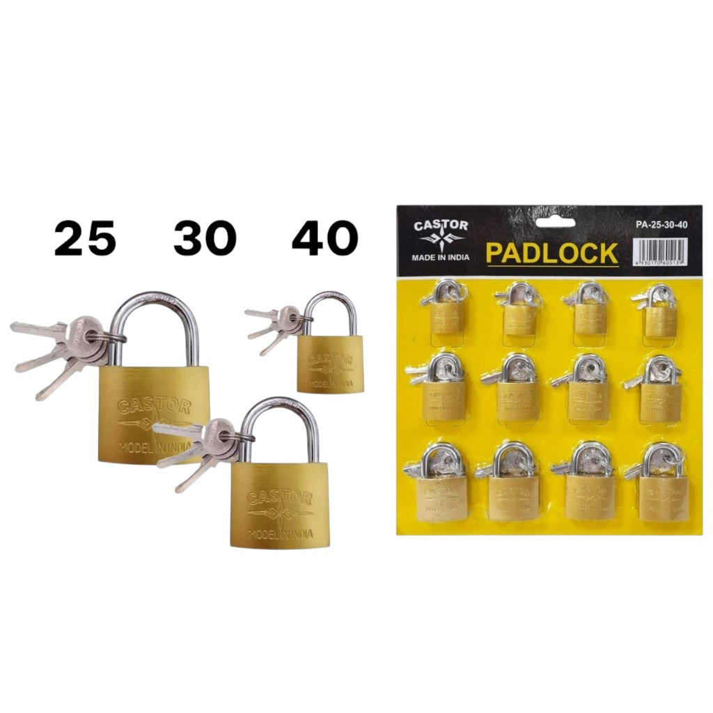 Montaje de candados Castor en tamaños 25, 30 y 40 junto al empaque amarillo con doce unidades.