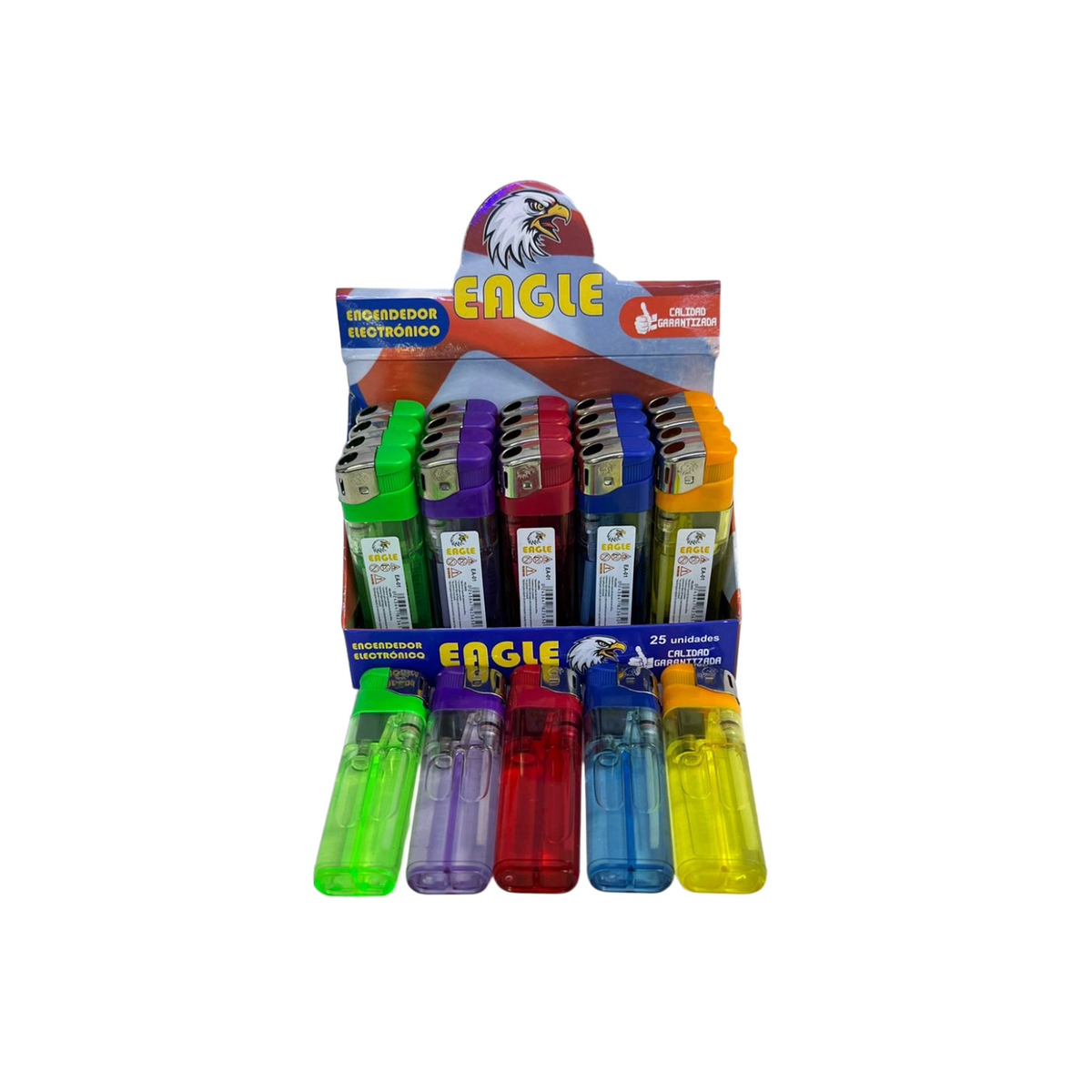 Exhibidor Eagle PL03A de 25 unidades y cinco encendedores de colores en primer plano.