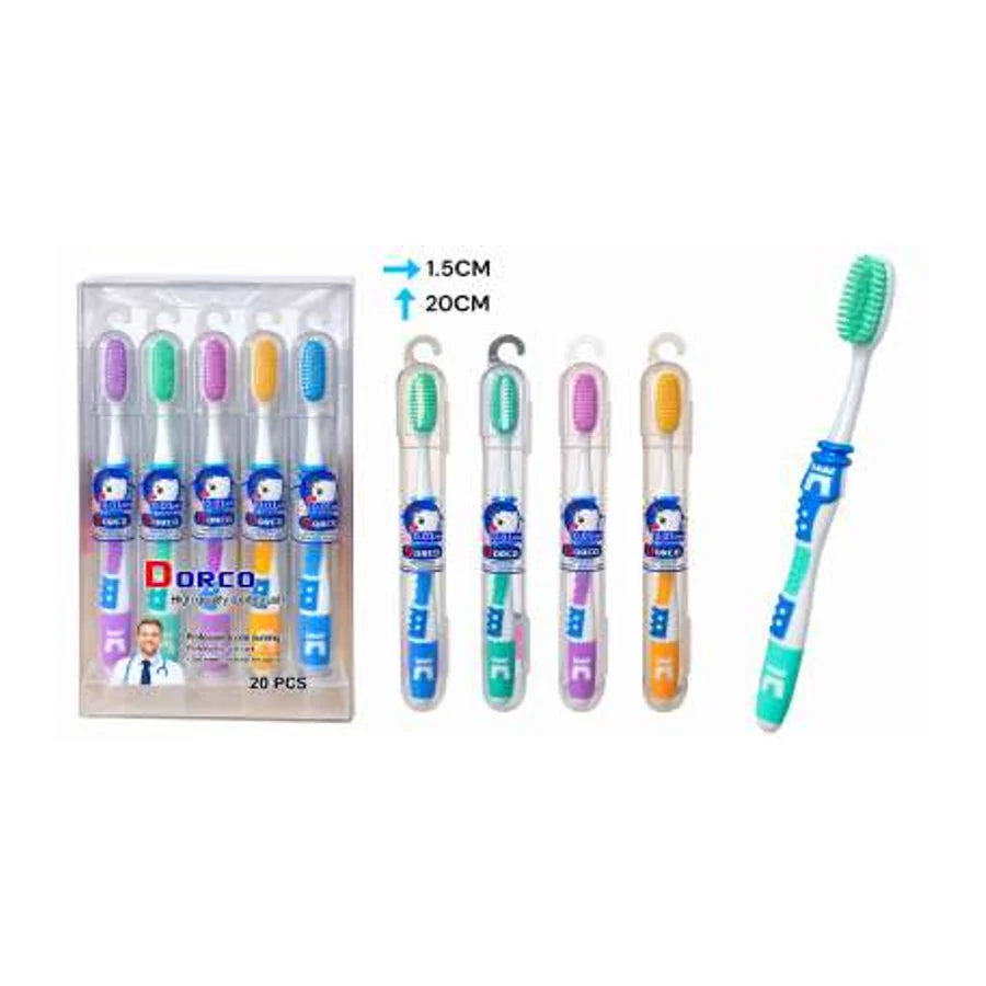 Gráfica de cepillos Dorco adulto modelo 933, mango blanco con acentos de color; indica 1,5 × 20 cm y 20 piezas.