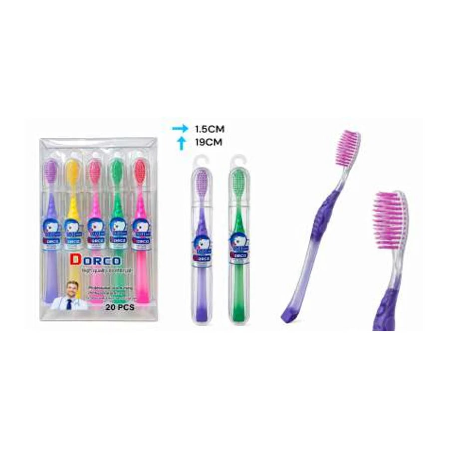 Gráfica de cepillos Dorco adulto modelo 935 con mango translúcido y cerdas de colores; indica 1,5 × 19 cm y 20 piezas.