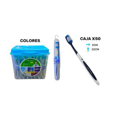 Gráfica de cepillo dental Dorco adulto X017 con cerdas azules; indica 3 × 22 cm y caja de 50.