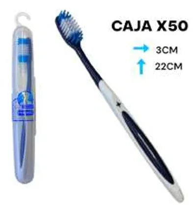 Vista completa del cepillo dental Dorco X017 con cerdas azules y mango blanco y negro.