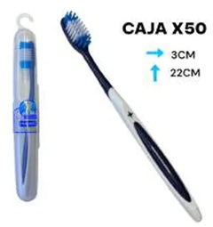 Vista completa del cepillo dental Dorco X017 con cerdas azules y mango blanco y negro.
