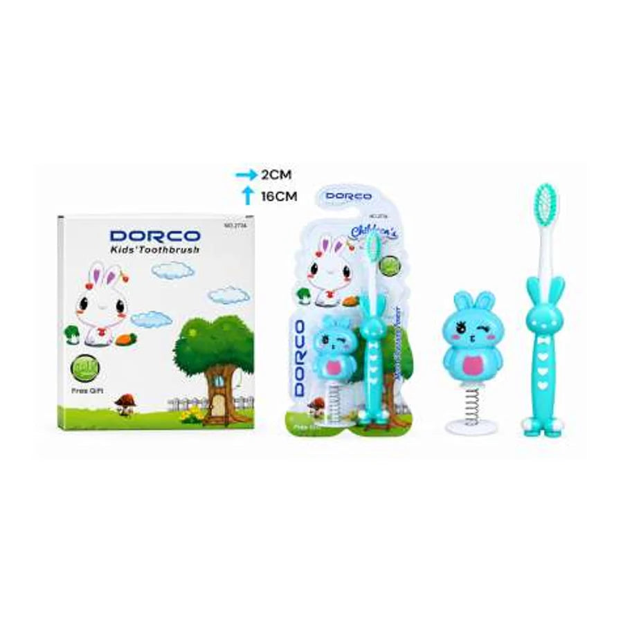Gráfica de cepillo dental infantil Dorco 2734 turquesa con figura de conejo, empaque y ventosa; indica 2 × 16 cm.