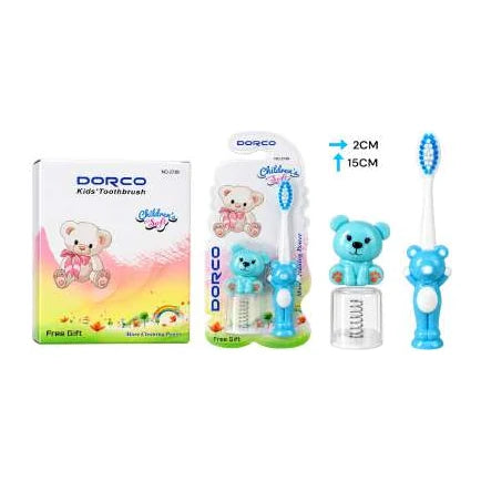 Gráfica de cepillo infantil Dorco 2736 con mango de oso turquesa, ventosa y empaque; muestra oso, no carro.