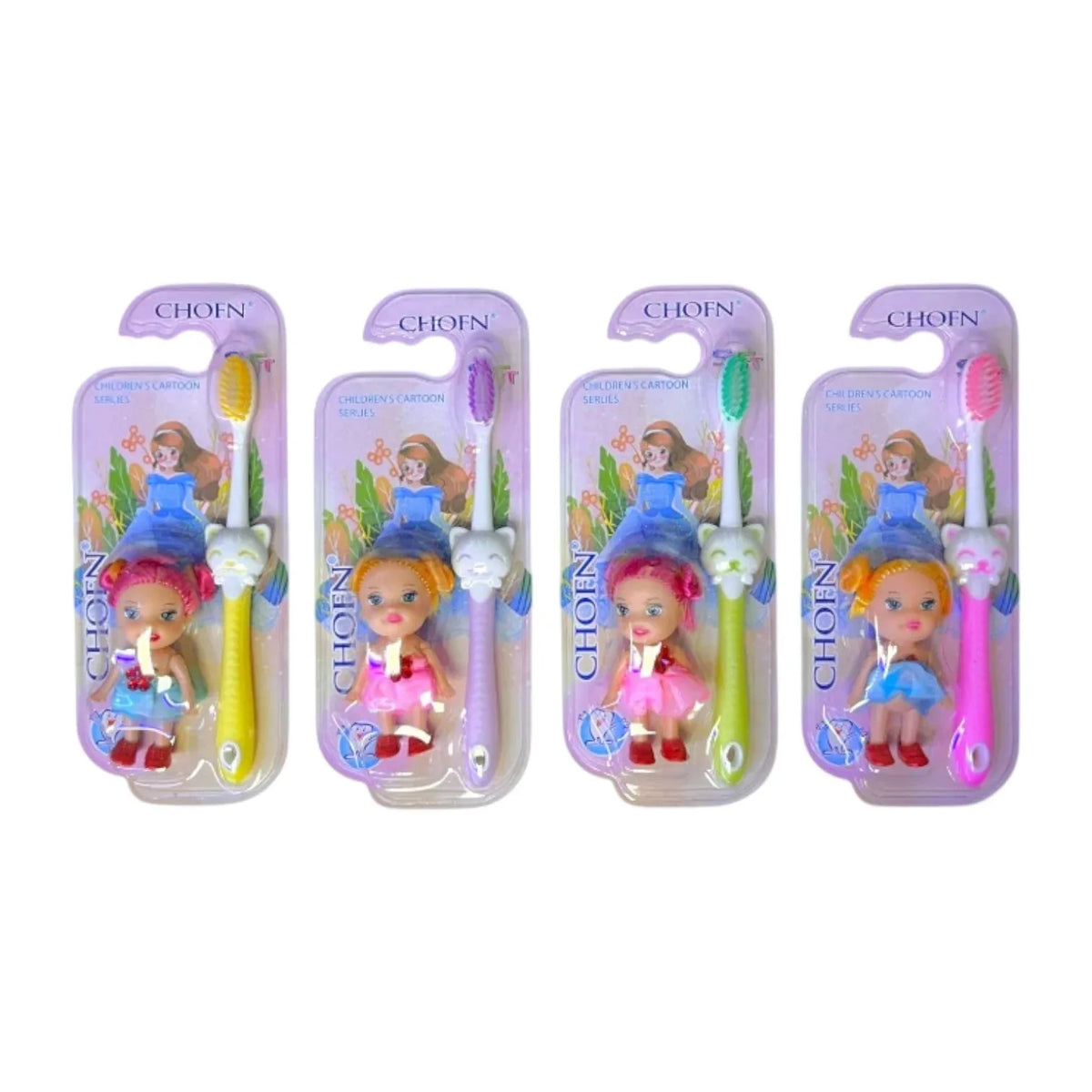 Cepillos dentales infantiles con muñeca decorativa en varios colores.