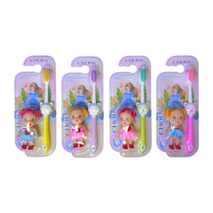 Cepillos dentales infantiles con muñeca decorativa en varios colores.