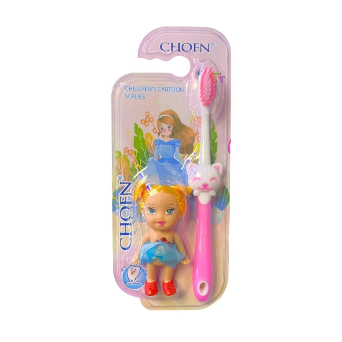 Cepillo dental infantil con muñeca decorativa, empaque individual.