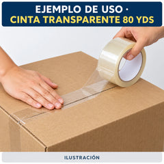 Ejemplo ilustrado de uso de cinta transparente de 80 yardas para sellar una caja; no es fotografía.