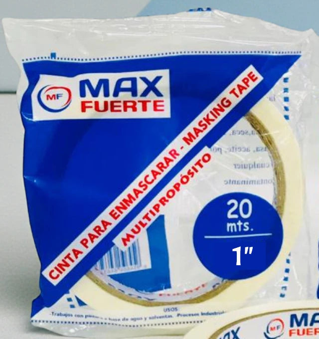 Detalle fotográfico del empaque Max Fuerte, con cinta de enmascarar de 1 pulgada y 20 m.