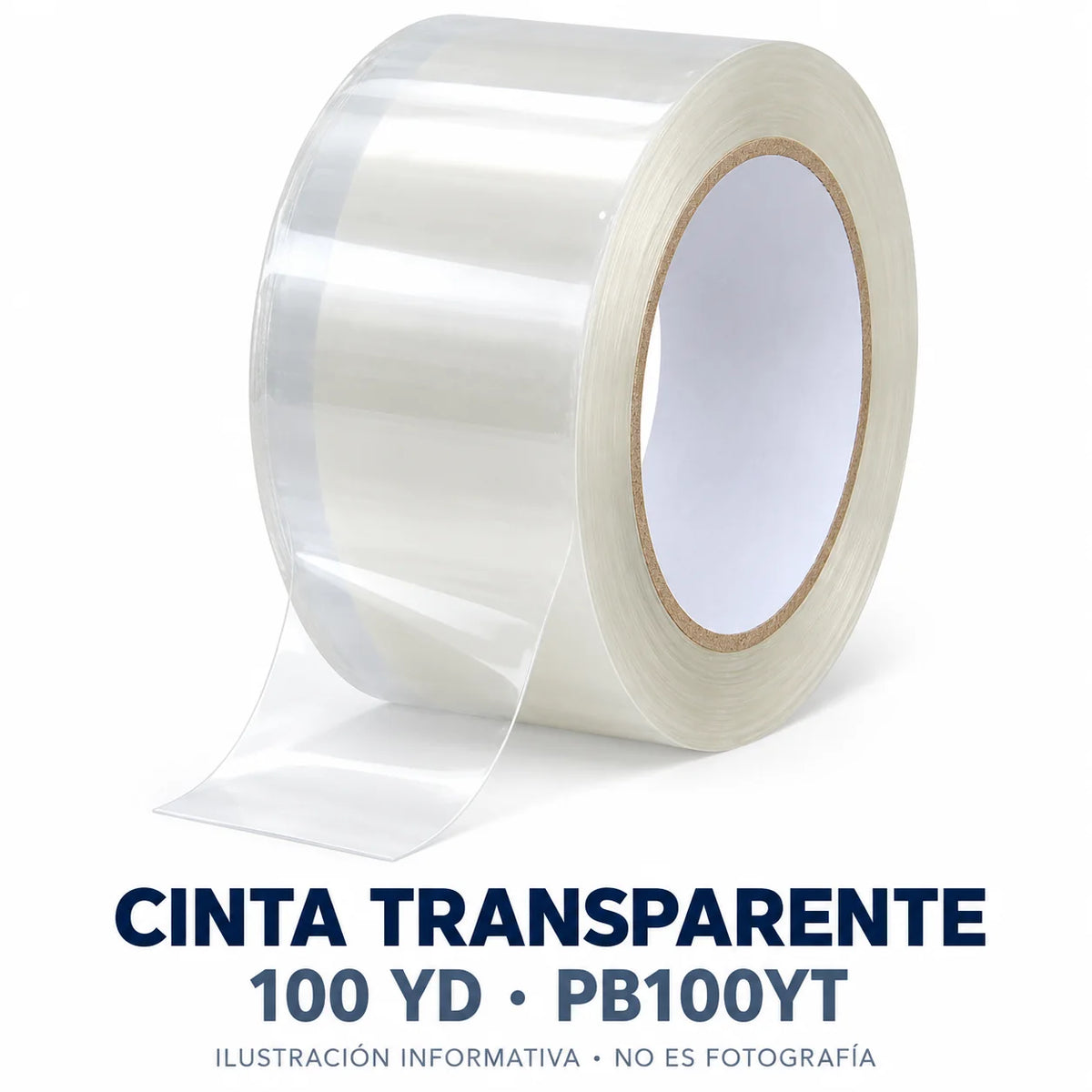 Ilustración informativa del rollo de cinta transparente de 100 yardas SKU PB100YT; no es fotografía.