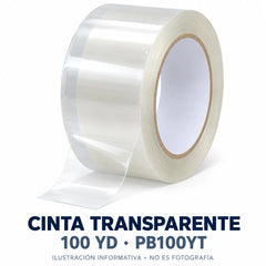 Ilustración informativa del rollo de cinta transparente de 100 yardas SKU PB100YT; no es fotografía.
