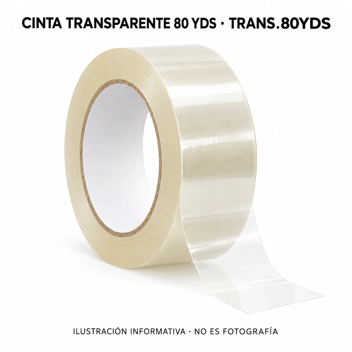 Ilustración informativa de un rollo de cinta transparente de 80 yardas SKU TRANS.80YDS; no es fotografía.