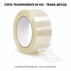 Ilustración informativa de un rollo de cinta transparente de 80 yardas SKU TRANS.80YDS; no es fotografía.
