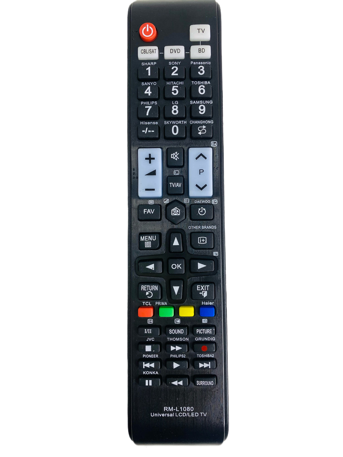 Vista frontal del control remoto universal RM-L1080 sobre fondo blanco.